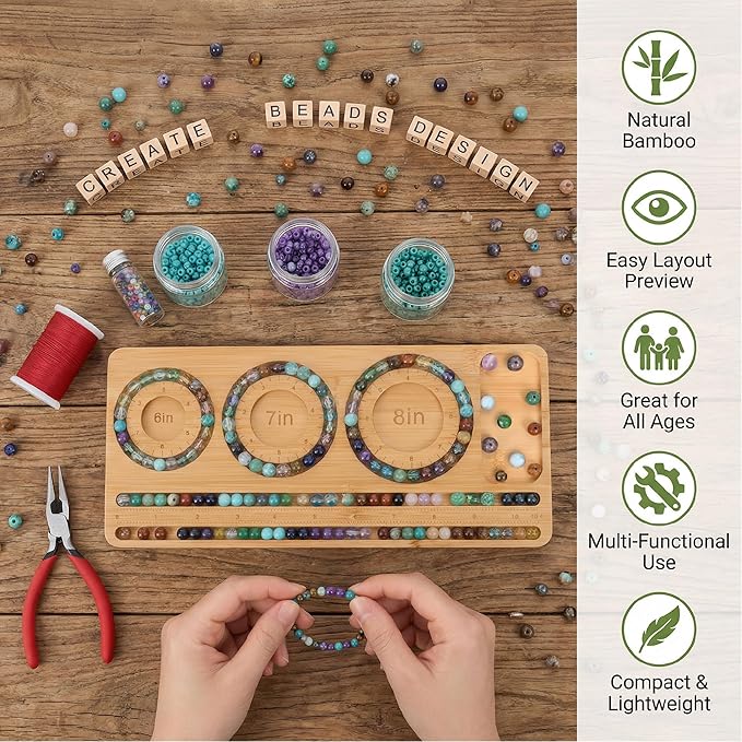 Bamboo Bead Board for Jewelry Making – Natural Bamboo Bracelet & Necklace Design Organizer with Grooved Sizes (Bracelet Slot Right)