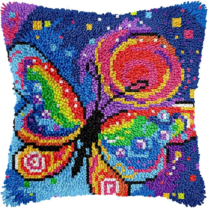 Manzapu Latch Hook Pillow Kits for Adults Beginner 17x17 inch - 43x43 cm Cute Small Shaggy Pillow Making Kits with Pre-Cut Yarn, Coded Canvas ＆ Crochet Hook Tool - Relaxing DIY Craft Gift