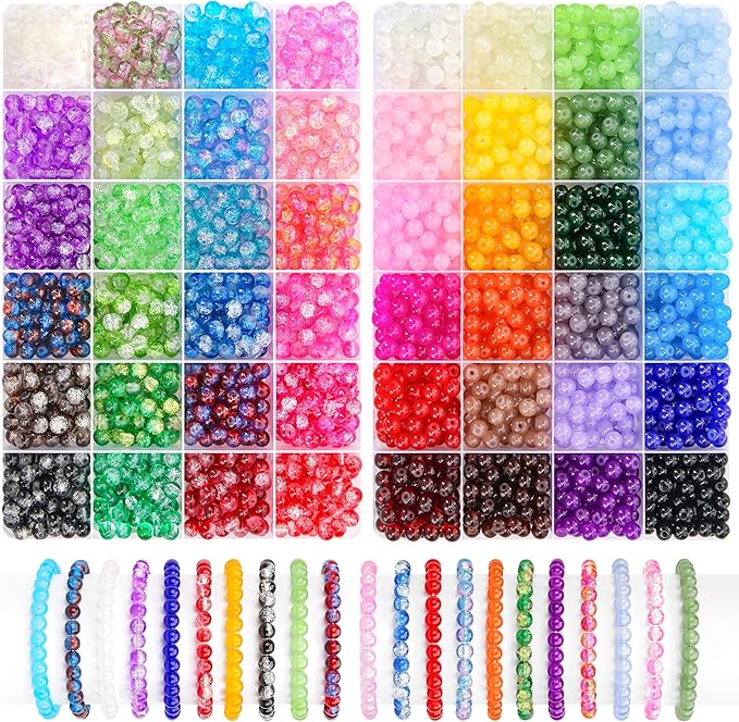 BONNY BOXX 2880 PCs 6mm Round Glass Beads for Jewelry Making, Bulk Crystal Beads in 48 Assorted Colors, Crackle Glass Beads for Bracelets, Necklaces, Earrings, Jewelry Design & DIY Art Projects