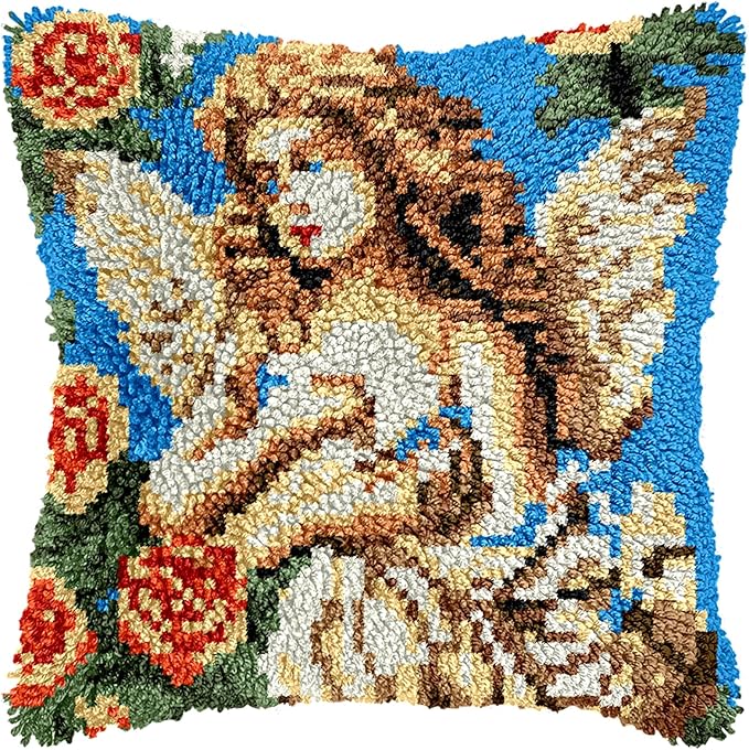 Manzapu Latch Hook Pillow Kits for Adults Beginners, 43cm*43cm Home Decor Pillow Cover Making Kit with Crochet Tool ＆ Precut Yarns and Coded Canvas Christmax Halloween Craft Gifts for Women Mom