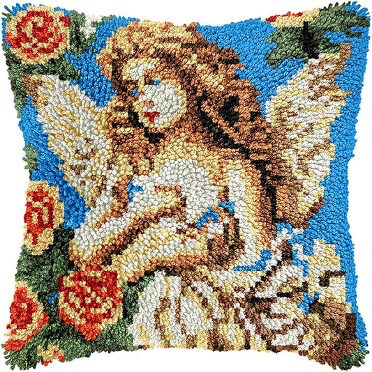 Manzapu Latch Hook Pillow Kits for Adults Beginners, 43cm*43cm Home Decor Pillow Cover Making Kit with Crochet Tool ＆ Precut Yarns and Coded Canvas Christmax Halloween Craft Gifts for Women Mom