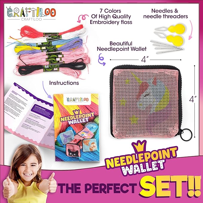 CRAFTILOO Needlepoint Kit for Kids — Beginner Cross Stitch Sewing Kit with Pre Printed Canvas, Easy Embroidery Arts and Crafts Starter Set for Girls and Boys Ages 6-12 (Unicorn)