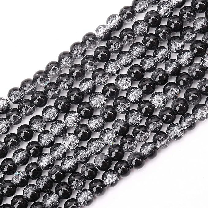 300PCs 6mm Black Crackle Glass Beads Bulk, Round Smooth Hole Glass Crystal Beads for Jewelry Making, DIY Bracelets, Necklaces, Bag Charms, Keychains and Craft Projects