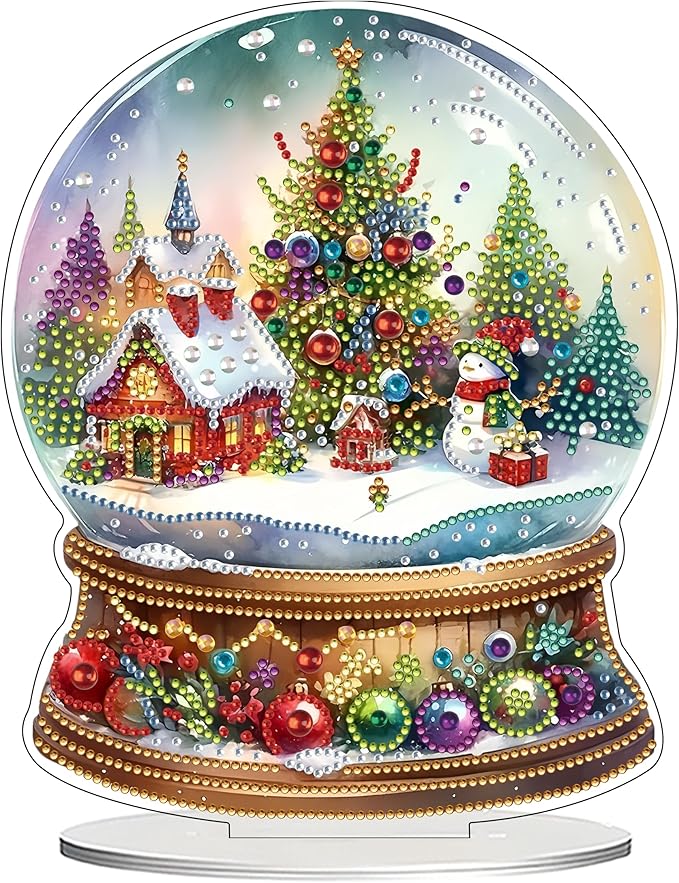 JJFox DIY Tabletop Diamond Art Painting Kit，Desktop Ornament Special Shaped Rhinestone Desk Placement Ornament，Home Stand Up Gem Painting Craft Kit Gift Double Sided (Christmas Crystal Ball)