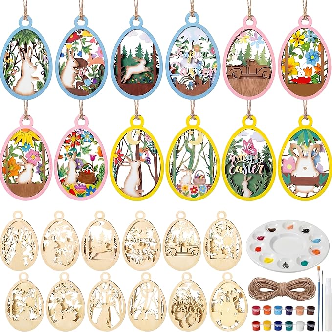 Chunful 36 Pcs Easter Crafts for Adults Kids Wooden 3D Easter Crafts to Paint Ornaments DIY Hanging Unfinished Wood Egg Unpainted Cutouts Slices Rabbit Bunny Butterfly Flower Decor Spring Gifts Tags