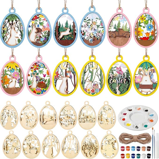 Chunful 36 Pcs Easter Crafts for Adults Kids Wooden 3D Easter Crafts to Paint Ornaments DIY Hanging Unfinished Wood Egg Unpainted Cutouts Slices Rabbit Bunny Butterfly Flower Decor Spring Gifts Tags