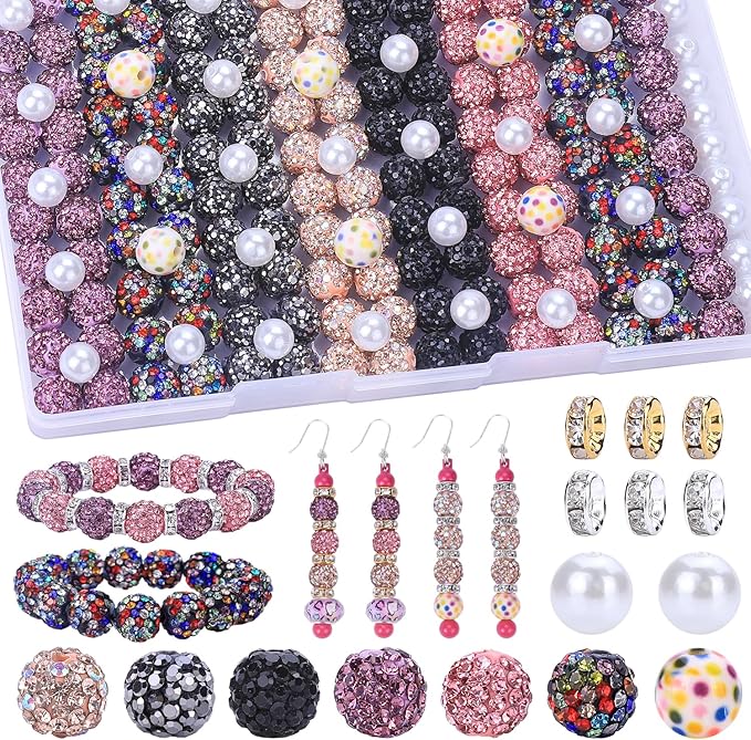 AIPRIDY Jewelry Making Beads Set, 300 PCS 10mm Rhinestone Clay Beads, 8mm Mixed Color Spacer Beads with Pearl and Floral Beads for DIY Jewelry Making (15# Mixed)