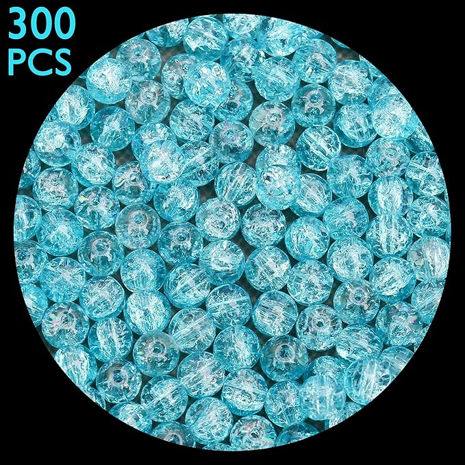300PCs 6mm Blue Crackle Glass Beads Bulk, Round Smooth Hole Glass Crystal Beads for Jewelry Making, DIY Bracelets, Necklaces, Bag Charms, Keychains and Craft Projects