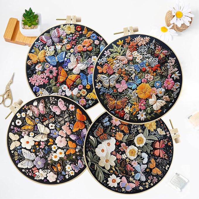 LB 4 Pack Colorful Floral Embroidery Kit for Beginners Nature Butterfly Beginner Embroidery Kit for Adults DIY Starter Kit with Embroidery Hoop Colorful Threads Tools Step by Step Instructions