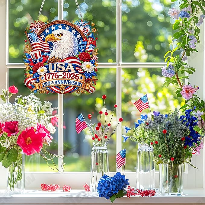 Eiflow USA 250th Anniversary Diamond Art Hanging Kit for Adults, DIY Diamonds Painting Door Hanger Board Kit, Special Crystal Diamond Art Painting Pendant Ornament (4th of July Eagle)