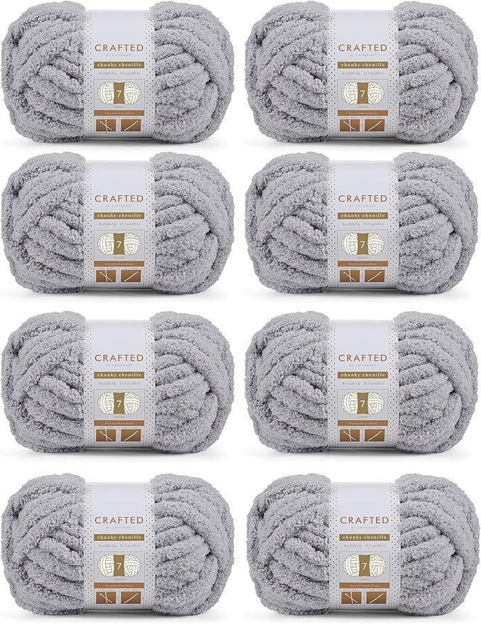 Crafted By Catherine Chunky Chenille Yarn - 8 Pack (8 oz / 227 g, 31.7 Yards Each Skein), Light Grey, Gauge 7 Jumbo