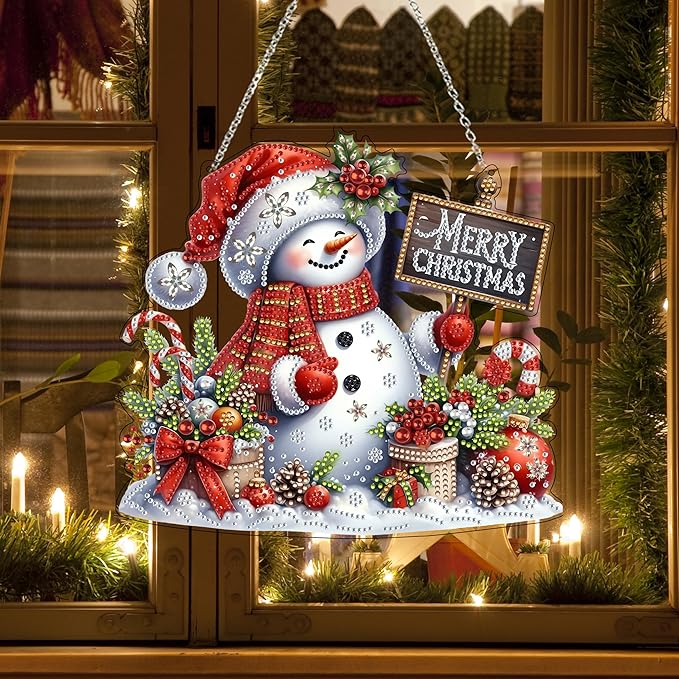 JJFox Diamond Art Hanging Kit for Adult,Special Shaped Rhinestone,DIY Acrylic 5D Diamond Art Painting Window Pendants Home Garden Wall Hanging Kits Hanging Ornament,Double Sided. (Christmas snowman1)