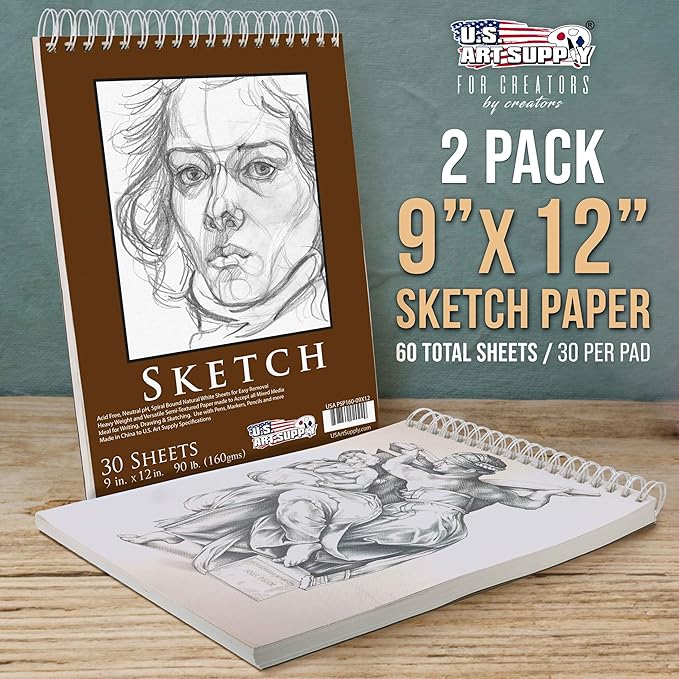 u.s. art supply 9”x12 premium heavy-weight paper spiral bound sketch book: 90 pound (160gsm), 30-sheet drawing pad (2 pack)