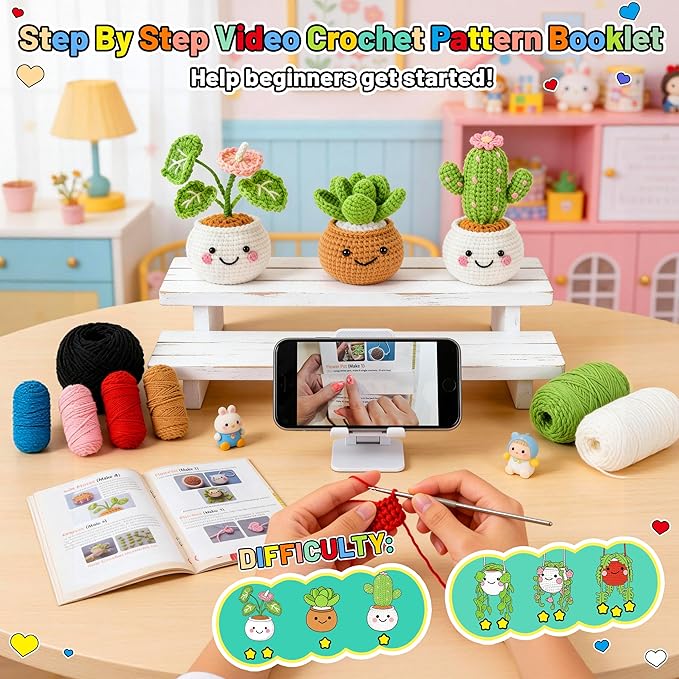 Joyclub Crochet Kit for Beginners Crochet Starter Kits for Adults and Kids Great Birthday Gifts for Crocheting Lovers with Step by Step Video Amigurumi Kit, 6 Pcs Fake Hanging Potted Plants Family