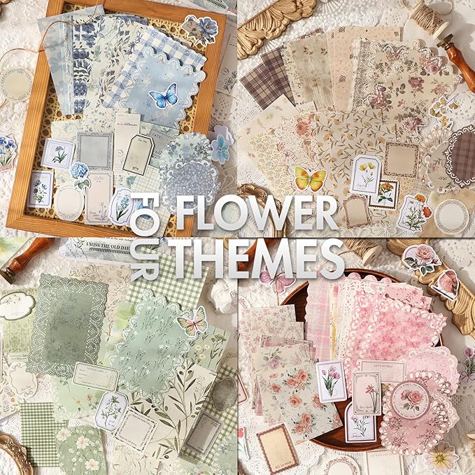 Scrapbook Supplies Kit – 400Pcs Vintage Floral Scrapbook Paper & Junk Journal Stickers, 4 Pack Journaling Supplies for Bullet Journaling, Retro Crafts, Planner, Mixed Media, Collage Card Album