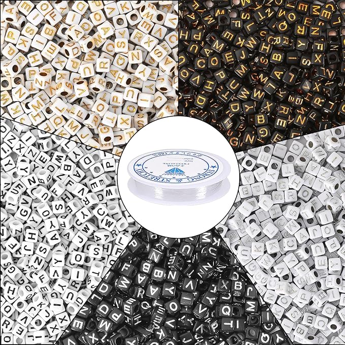 Augshy 1400Pcs 5 Colors Square Alphabet Beads A-Z Cube Acrylic Letters Beads for Bracelets Necklaces Phone Lanyard Making with 1 Roll Crystal String Cord for Jewelry Making(6mm)