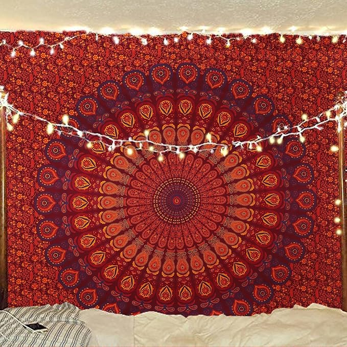 bless international handmade indian hippie bohemian psychedelic peacock mandala wall hanging college dorm beach throws table cloth bedding tapestry (golden brown maroon,
