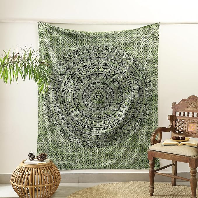 popular handicrafts mandala hippie tie dye psychedelic elephant tapestry wall hanging - indian maditation gypsy bohemian hippy dorm room decor green 60x54 inch