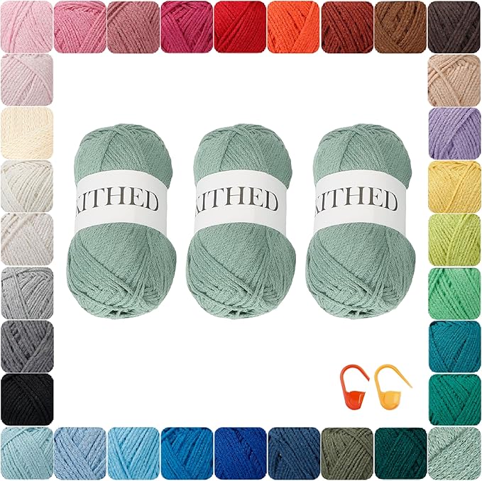 Cotton Chainette Yarn,4 Medium (Worsted)-10oz,3 Pack,Knitting Yarn for Beginners,Thicker for Crocheting and Knitting (11 Matcha Green)