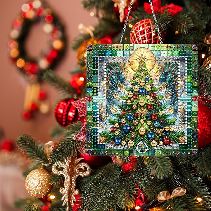 JJFox DIY Acrylic Diamond Art Painting Wreath Kits Special Shaped Rhinestone Diamond Art Window Pendants Home Garden Wall Hanging Kits Hanging Ornament，Double Sided(Christmas Tree-1)