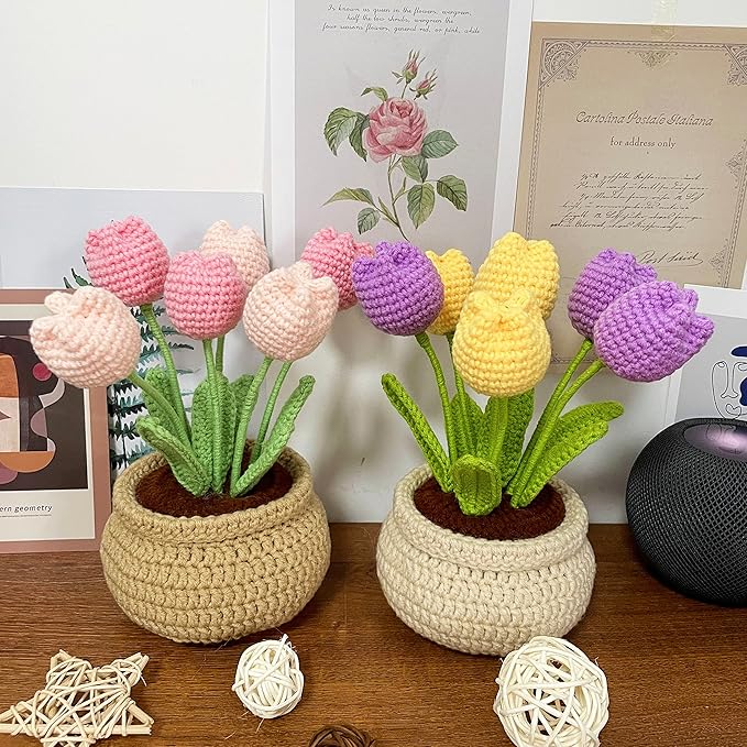 Lily's Lyric Flower Crochet Kit | Tulip Flowerpot | Step-by-Step Video Tutorial for Adults Teenagers | DIY Home Decoration Craft Gift Idea Pink