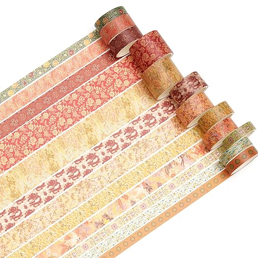 12 Rolls Chinoiserie Washi Tape Set Chinese Arts Adhesive Tapes Geometric Garden Decorative Masking Tape Sets for Craft, Kids, Scrapbook, DIY, Gift Wrapping (Moon Over The Borderlands)