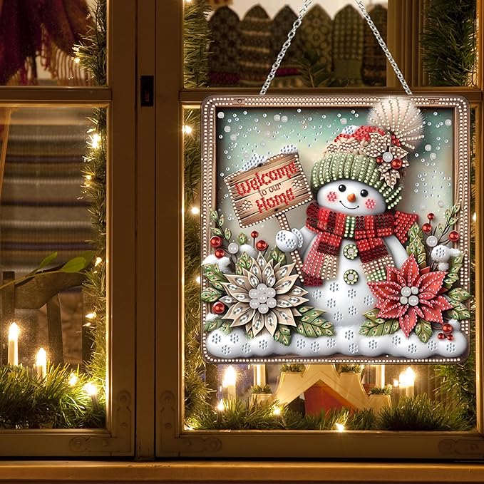 Diamond Art Hanging Kit for Adult,Special Shaped Rhinestone,DIY Acrylic Diamond Art Painting Window Pendants Home Garden Wall Hanging Kits Hanging Ornament,Double Sided. (Christmas Snowman-1)