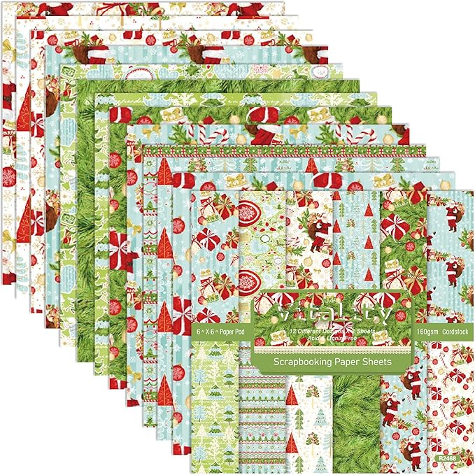 Christmas Pattern Scrapbook Paper, 6 Inch Card Production Supplies, 24 Sheets Single Sided Acid-Free Cardstock Greeting Card, Handmade Gift Journaling Craft Kits (J-style)