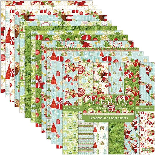 Christmas Pattern Scrapbook Paper, 6 Inch Card Production Supplies, 24 Sheets Single Sided Acid-Free Cardstock Greeting Card, Handmade Gift Journaling Craft Kits (J-style)