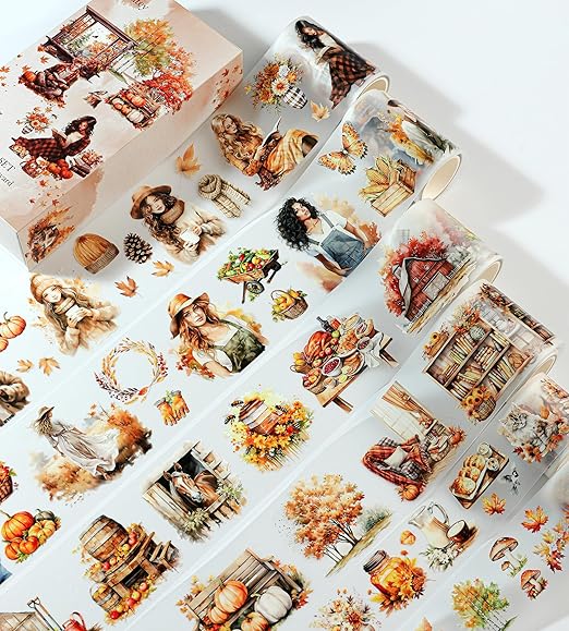 Fall PET Washi Tape Set for Journaling, Scrapbooking & Crafting. Cut & Use as Thanksgiving Harvest Decorative Stickers in Your Junk Journals, Crafts, or Planners