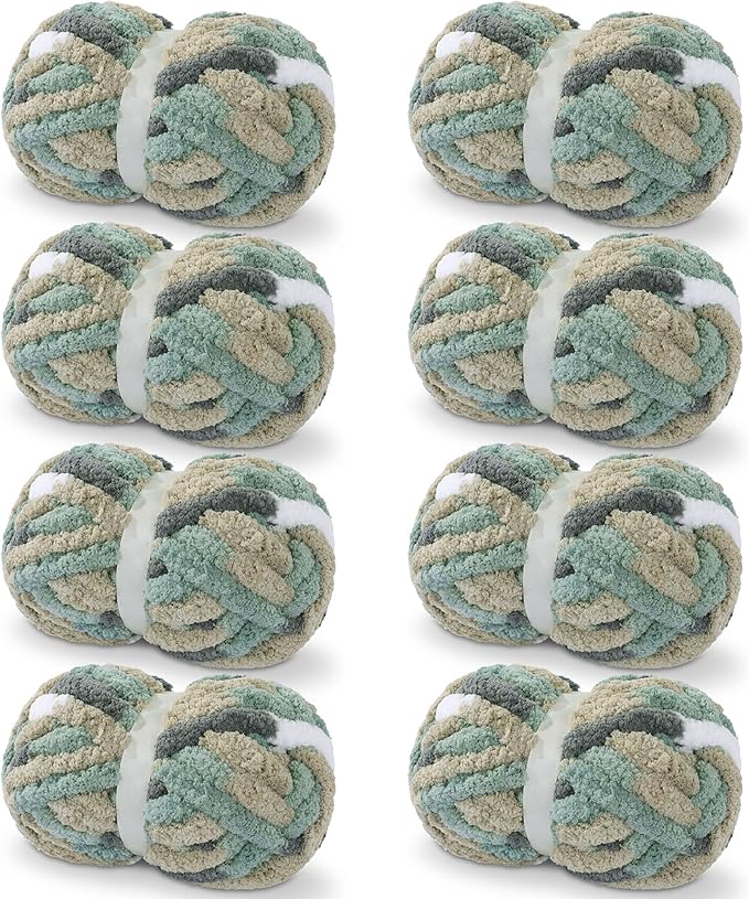 HOMBYS Chunky Tie Dye Mix Chenille Yarn for Hand Knitting, Super Bulky Jumbo Yarn for Crocheting, 3/4" Thick Soft Plush Yarn for Blankets, 8 Skein Pack (26 yds / 7.5 oz Each) Grey,Green,White