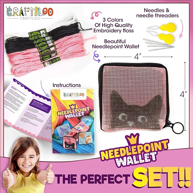 CRAFTILOO Needlepoint Kit for Kids — Beginner Cross Stitch Sewing Kit with Pre Printed Canvas, Easy Embroidery Arts and Crafts Starter Set for Girls and Boys Ages 6-12 (Cat)