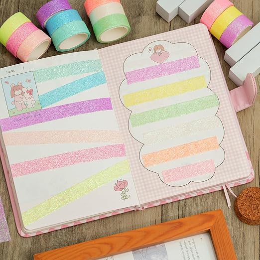 YUBX Glitter Washi Tape Set 6 Rolls Sparkling Foil Decorative Sprinkle Colored Masking Tapes for Arts, DIY Crafts, Journals, Planners, Scrapbook, Wrapping (6 Colors)