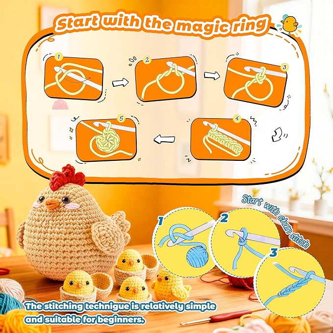 Joyclub 4 Pcs Crochet Kit for Beginners Crochet Starter Kits for Adults and Kids Great Easter Gifts for Crocheting Lovers with Step by Step Video Amigurumi Chicken Family Knitting Kit DIY Craft