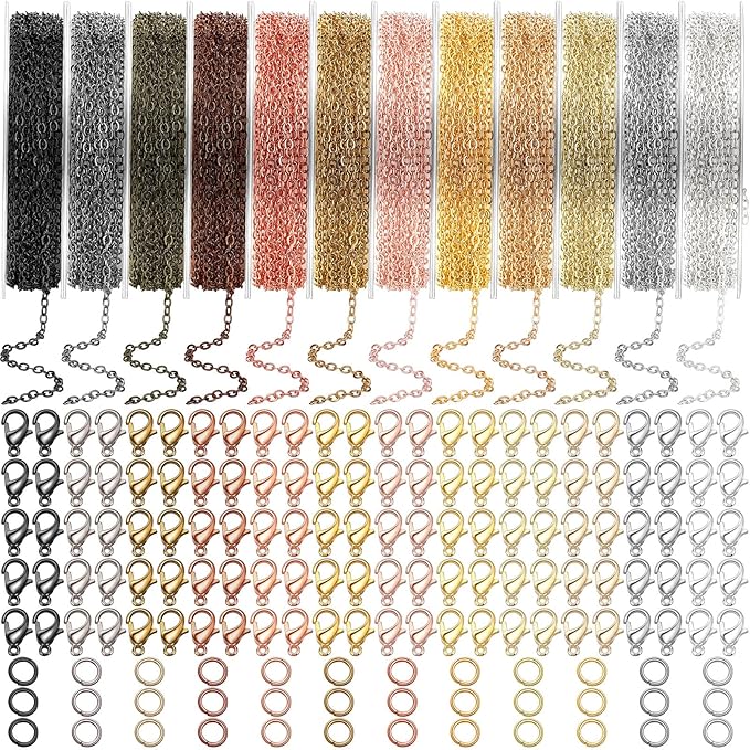 kenning 12 rolls 120 feet 2 mm jewelry making chains link roll bulk 12 colors necklace chains with 120 lobster clasps and 50 jump rings for diy earring bracelet jewelry making supplies
