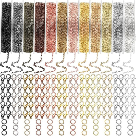 kenning 12 rolls 120 feet 2 mm jewelry making chains link roll bulk 12 colors necklace chains with 120 lobster clasps and 50 jump rings for diy earring bracelet jewelry making supplies