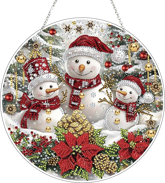 DIY Diamond Art Painting Wreath Kits，Special Shaped Rhinestone Hanging Ornament Diamond Art Window Pendants for Gift Home Garden Wall Hanging Kits,Double Sided (Christmas Snowman)