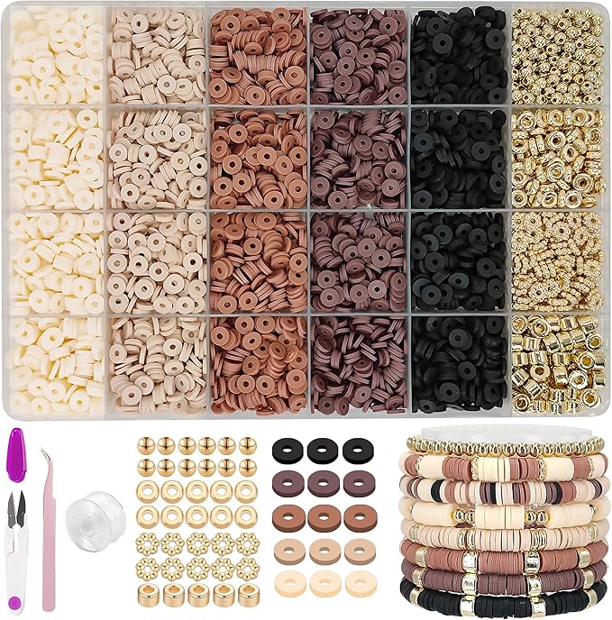 MIIIM Coffee Brown Clay Beads Kit for Bracelets Making, Heishi Beads for Friendship Bracelet, Clay Charms and Gold Spacers for Jewelry Making, Crafts, Concert, Raves, Gifts