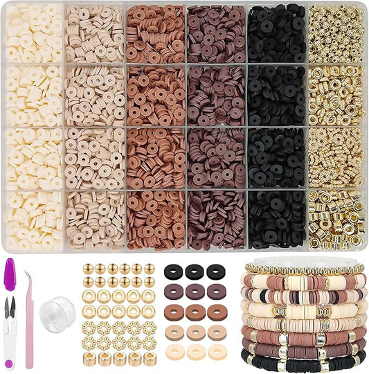 MIIIM Coffee Brown Clay Beads Kit for Bracelets Making, Heishi Beads for Friendship Bracelet, Clay Charms and Gold Spacers for Jewelry Making, Crafts, Concert, Raves, Gifts