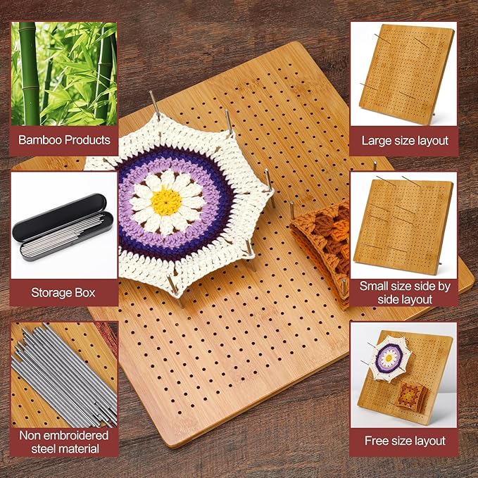 13”Crochet Blocking Board - Upgraded Style with 4 Tension Rods and 20 Pegs – Blocking Boards for Crochet Projects, Ideal for Granny Square Card Deck Users （Natural Colour）
