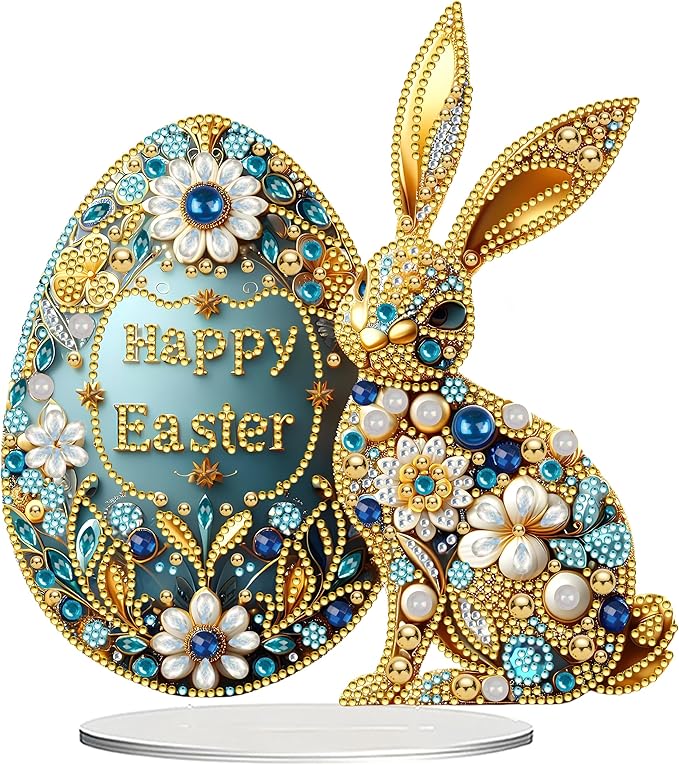 JJFox DIY Tabletop Diamond Art Painting Kit，Desktop Ornament Special Shaped Rhinestone Desk Placement Ornament，Home Stand Up Gem Painting Craft Kit Gift Double Sided (Easter Bunny)