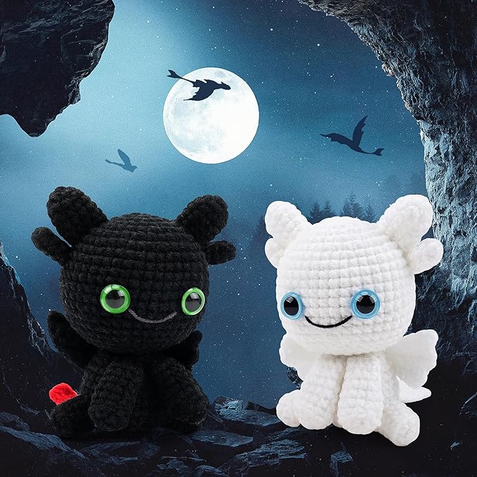 Dragon Crochet Kit for Beginners, 2PCS Black and White Dragon Crochet Animal Kit with Step-by-Step Video Tutorials, Stuffed Animal Crocheting Kits, Birthday Crochet Starter Kit for Adults