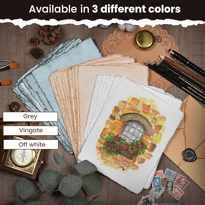 LEATHER VILLAGE Watercolor Paper- 6 X 4 inches - 25 Sheets Watercolor Paper for Drawing, Sketching, Painting & Crafts - 150 GSM Thick Deckle Edge Virgin Cotton Handmade Paper - Vintage
