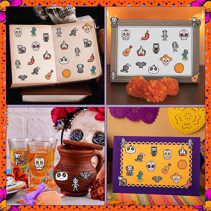beyumi sugar skull roll stickers - 1000pcs day of the dead stickers in 2 rolls dia de los muertos sugar skull waterproof vinyl decals halloween mexican festival party supplies classroom decor