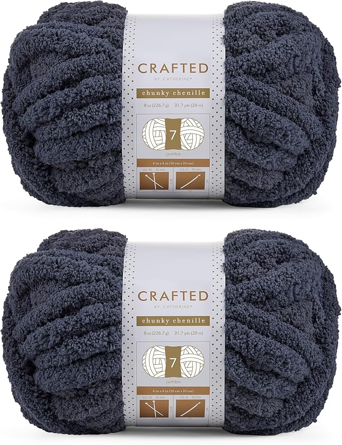 Crafted By Catherine Chunky Chenille Yarn - 2 Pack (8 oz / 227 g, 31.7 Yards Each Skein), Dark Grey, Gauge 7 Jumbo