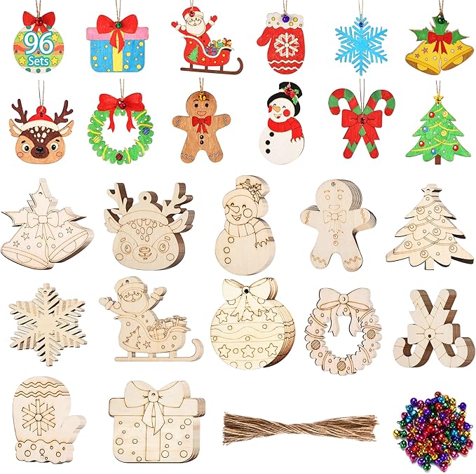96 Pcs Wooden Christmas Ornaments Unfinished Wood Slices, Wooden Christmas Tree Hanging Ornaments for DIY Art Craft with 12 Styles, DIY Wood Crafts Hanging Decorations Kit