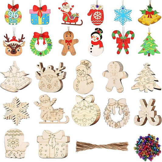 96 Pcs Wooden Christmas Ornaments Unfinished Wood Slices, Wooden Christmas Tree Hanging Ornaments for DIY Art Craft with 12 Styles, DIY Wood Crafts Hanging Decorations Kit