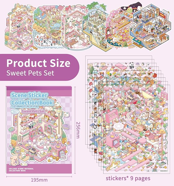 Sticker Book, 6 Sets DIY 3D House Stickers, Fun DIY Stickers Scene Make Your Own Mini House Cute Cartoon Animal Scene Sticker for Kids Adult Sticker Art Relief Stress Pass The Time