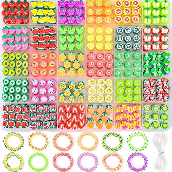 600pcs Polymer Clay Beads Friendship Bracelet Making kit Cute Fun Charms Beads for Bracelet Making DIY Arts Crafts Birthday Gifts Toys for Kids Girls Age 4-13 Fruit