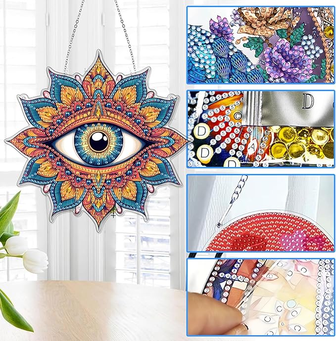 Reofrey Hanging Diamond Art Kits for Adults - 8x8 Inch Eye Acrylic Board Double Sided Pattern Diamond Painting Suncatcher Pendant, DIY Crystal Art for Home Wall or Window Decoration Handmade Gift
